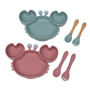 Food Grade Silicone Toddler Children Tableware Kids Dinnerware Food Baby Feeding Silicone Crab Bowl Plate Spoon Dishwasher Safe