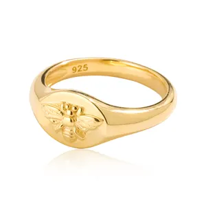 Edler Schmuck Joacii 925 Sterling Silber 18 Karat vergoldet Bee Signet Ring Benutzer definierte 14K 9K Ringe