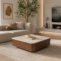 Table basse carrée incurvée de style Japandi, directement de l'usine, avec texture travertin et noyer, en MDF premium, pour la décoration intérieure