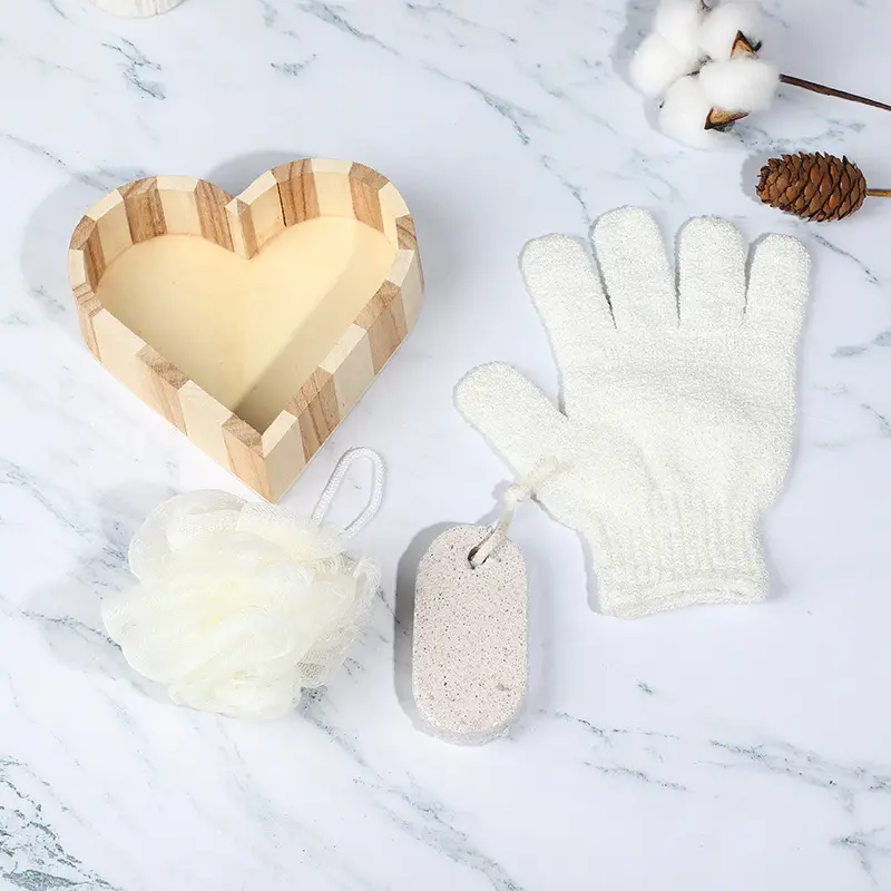 Promotional Customized Wooden Bath Sets Spa Shower Gift Set with Nylon Gloves Bath Flower and Oval Foot Polishing Stone