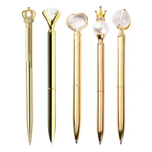 Pena kristal emas dengan pulpen mahkota dengan Logo cetak pena logam emas berlian atas putar pena logam
