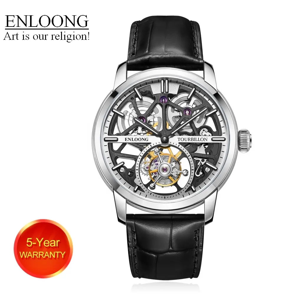 2021 ENLOONG Real Luxury Tourbillon Watches Men with Long Power Reserve Stainless Steel Sapphire OEM Wrist Watch Luxury Silver