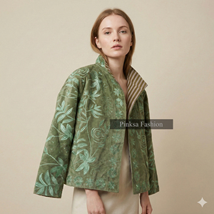 Chaqueta Varsity de Invierno y Otoño, Estilo Bohemio, Bordada con Flores, Tejida en Terciopelo, Ecológica, Antiarrugas, Resistente al Viento y Transpirable, Estilo Suzani - Product Image 6