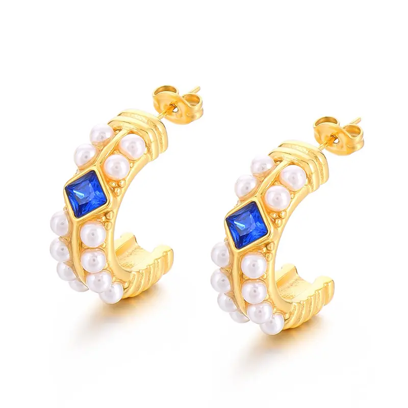 Kalen Boho Blue Zircon Hoop Earrings Gold-Plated Stainless Steel Imitation Pearl Earrings