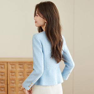 Apricot Round Neck Blazer Women Tweed Slim Fit Solid Color Polyester Worsted Jacket - Product Image 4