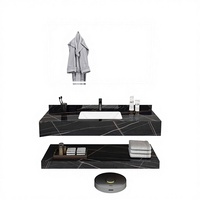 Ensemble de meuble-lavabo de salle de bain moderne en MDF avec vasque en céramique sous-couche double couche en pierre frittée effet marbre, LED intelligente, anti-buée et résistant à l'eau