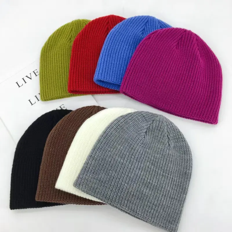 Winter hat plain stretchable custom logo design colored knitted hat acrylic no cuff beanie hat