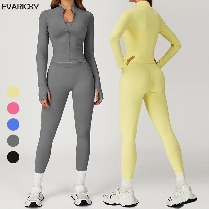 Seamless Women Yoga Wear Long Sleeve Zipper Jacket Set High Elastic Tracksuit Workout Clothing Running Sports Gym Fitness Set