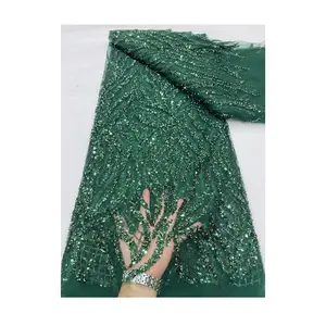 Gaun renda payet buatan tangan hijau tua, kain jala bordir payet kain untuk pernikahan