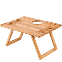 Table de pique-nique pliante en bambou, plateau de service portable pour le camping en plein air avec emplacements pour verres, table à vin pliable pour boissons et en-cas