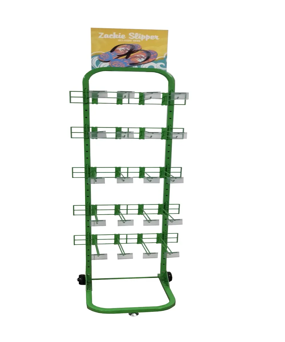 Fashionable department store used green floor metal trade show slipper shoe hook chips snack hanging food display stand