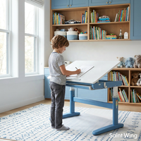 Bureau d'étude ergonomique en métal pour enfants, réglable en hauteur avec 3 moteurs, plateau inclinable, étagère, rose, bleu, école