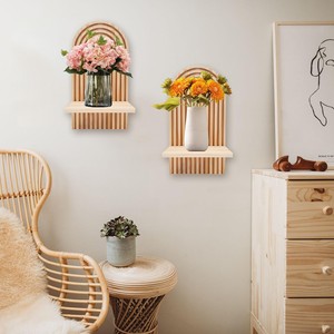 Wooden <b>Wall</b> <b>Mounted</b> <b>Shelf</b> Geometric Design Natural Color Single Layer For Living Room Display Storage - Product Image 2