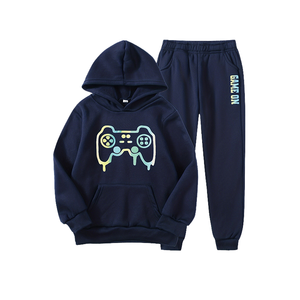 Ensemble décontracté 2 pièces pour adolescents, imprimé 'Game On', pantalon de jogging 100% coton, sweat-shirt à capuche avec motif de manette de jeu, manches longues, printemps - Product Image 1