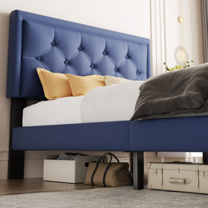 <span class=keywords><strong>Lit</strong></span> classique en velours bleu avec tête <span class=keywords><strong>de</strong></span> <span class=keywords><strong>lit</strong></span> capitonnée à boutons diamants, design intemporel pour chambre principale - Product Image 3