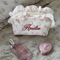 Tas Makeup Katun Berlapis dengan Ritsleting Berumbai dan Nama Bordir, Kantong Kosmetik Motif Bunga yang Lucu untuk Wanita, Remaja, dan Perjalanan