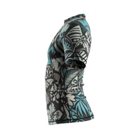 Maillot de bain à manches courtes pour homme, 88% polyester, 12% élasthanne, protection UV, pour la natation, le surf, imprimé tropical noir et gris