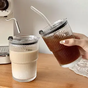 450ml einfache Streifen Kaffee Glas Tasse mit Deckel und Stroh transparente Blase Tee tasse Saft Glas Milch Mokka Tasse Frühstücks becher