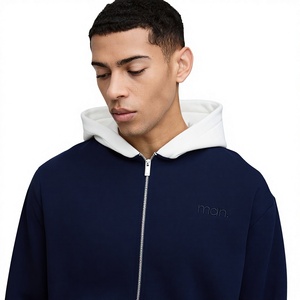 Custom logo <b>Navy</b> Blue Hooded Zip-Up <b>Sweatshirt</b> Solid Color Regular Fit Casual Autumn Style 100% Cotton Fleece Knitted Fabric - Product Image 3