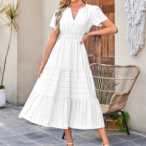 เดรสแฟชั่นแขนสั้นคอวีผูกเชือกทรงบับเบิ้ลสำหรับผู้หญิง - Product Image 2