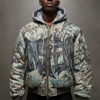 Chaqueta Bomber Personalizada de Estilo Urbano, Gruesa, de Poliéster y Algodón, Holgada, Corta, con Cierre, Estampado Gráfico, Graffiti, con Capucha, para Hombre