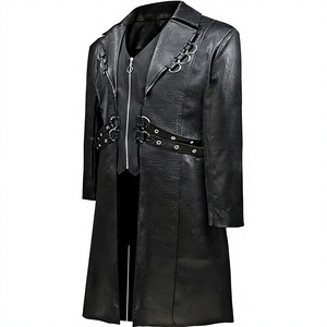 <b>Men</b> Genuine Leather <b>Long</b> Trench <b>Coat</b> Notched Lapel Zipper Closure With Belt Regular Fit - Product Image 2