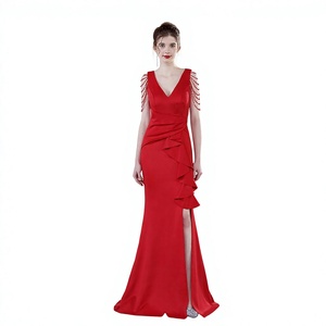Elegante Vestido Rojo de Satén con Cuello en V, Corte Sirena, Largo hasta el Suelo, Sin Mangas, con Abertura Lateral, Vestido de Fiesta Elegante y Transpirable para Mujer - Product Image 2