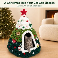 Lit pour chat en forme de sapin de Noël en fibre solide, tricoté épais, avec étoile en feutre et breloques en peluche