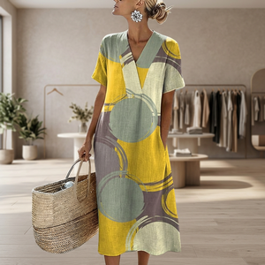 <b>Boho</b> V-Neck Midi <b>Dress</b> With Geometric Print Short Sleeve Loose Fit Linen Cotton <b>Summer</b> Casual Wear - Product Image 1