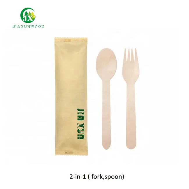 Tenedor de contenido 2 en 1, cuchara para llevar, juego de cubiertos de madera desechables sin plástico