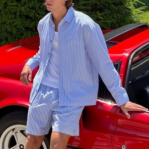 Men Blue <b>White</b> Vertical Stripe <b>2</b> <b>Piece</b> Outfit Long Sleeve Button Shirt Elastic Waist Shorts Casual Vacation Matching <b>Set</b> Custom - Product Image 2