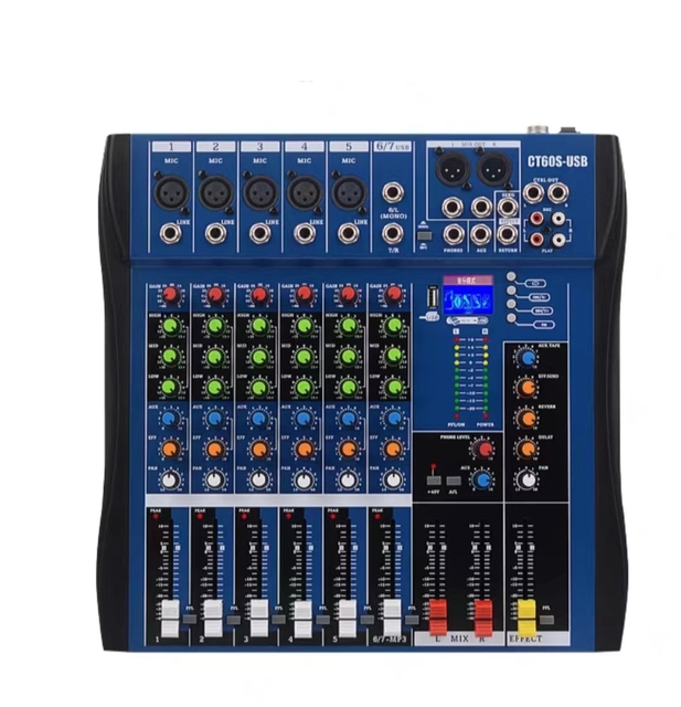 CT-60S 100W Power and Metal Construction 6-Channel USB DJ Audio Mixer for Home Karaoke
