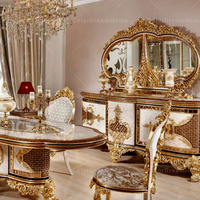 Ensemble de salle à manger de style baroque turc de luxe, armoire de salle à manger, table à manger sculptée à la main avec 4 chaises