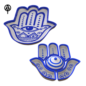 Commercio all'ingrosso blu ceramica <span class=keywords><strong>Hamsa</strong></span> piatto a mano malocchio arte mediterraneo vassoio spirituale personalizzato Fatima piatto a mano per gioielli monete - Product Image 4