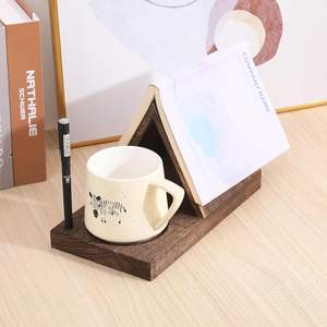 Marque-page triangulaire en bois avec porte-gobelet - Repose-livre multi-angles et support de recettes pour tables de chevet et comptoirs de cuisine (marron) - Product Image 4