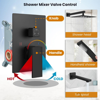 Système de douche encastré noir mat 3 fonctions - Grande pomme de douche carrée à effet pluie, douchette à main et bec de baignoire avec valve en laiton