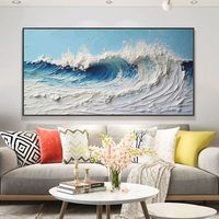 Peinture sur toile 3D texturée à la main, vague océanique, art abstrait bleu marine, technique mixte, art mural épais pour salon, décoration intérieure