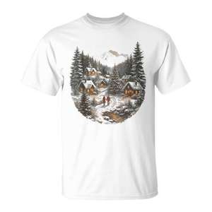 T-shirt pour hommes, style rétro, Noël, hiver, village, montagne enneigée - Product Image 1