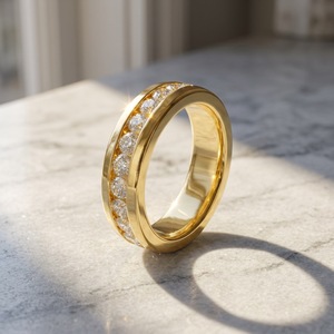 Yellow Gold Moissanite Eternity Band <b>Ring</b> Round Brilliant Cut Channel Setting Classic Unisex Wedding <b>Ring</b> - Product Image 4