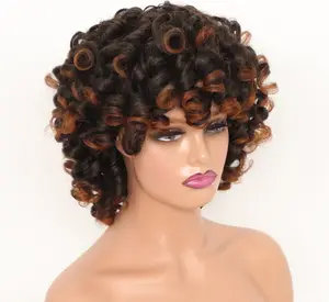Synthetic With Bangs Black Red Hair Shoulder Length Heat Resistant Fiber For Africa America Black Women Afro Kinky Curly Wig