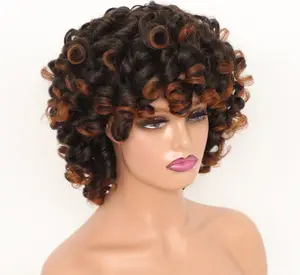 Synthetisch mit Pony Schwarzes rotes Haar Schulter lange hitze beständige Faser für Afrika Amerika Schwarze Frauen Afro Kinky Curly Perücke