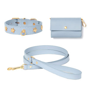 제조 업체 사용자 정의 내구성 비건 애완 동물 Pu 세트 개 가죽 스타 리벳 칼라 핸즈프리 가죽 끈 똥 가방 홀더 금속 후크 - Product Image 1