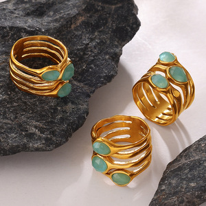 Anillo de piedra natural verde menta, diseño exclusivo, chapado en oro de 18k, acero inoxidable, antideslustre, elegante, para uso diario, para mujer. - Product Image 5
