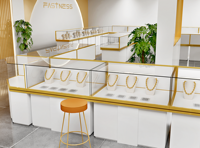 Vitrine de présentation en verre avec base blanche et cadre doré, en verre trempé, pour bijoux, montres, cosmétiques, magasin de détail