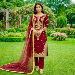 Modern Ethnic Deep Maroon Shimmer Silk Long <b>Tunic</b> with Cigarette Pants Indo-Western Festive Party Wear 3-Piece Set - Product Image 1