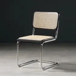Comfortable Vintage <b>Mid</b> <b>Century</b> Style Cafe Arm <b>Chairs</b> Iron Rattan Seat <b>Dining</b> <b>Chair</b> with Leather Cushion - Product Image 3