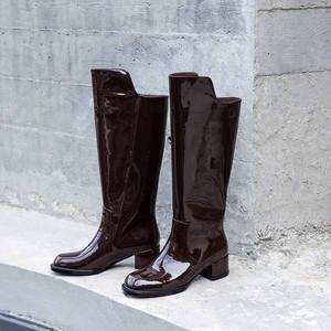 Kadınlar için Patent deri çizmeler diz çizmeler kadın ayakkabı diz yüksek deri yüksek topuk orta - Product Image 6