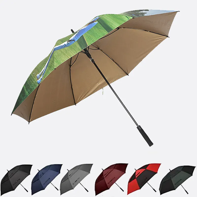 Automatic Open Beliebte Straight Promotion Golf Regenschirm mit Silber oder Gold UV-Schutz Anzeigen Promotion Business Regenschirm