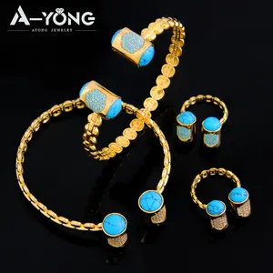 Unique Design Brass Zirconia Natural Turquoise Bracelet Women Gemstone Ring Cuff Bracelet Set