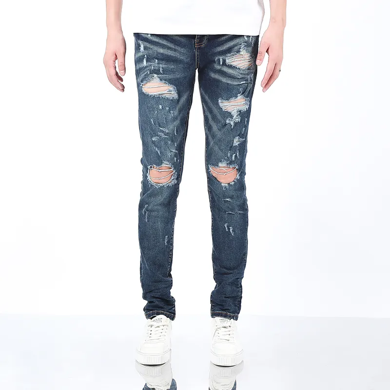 Jeans roxos de vendas diretas da fábrica, marca da moda americana anti-idade revestida a laser, jeans masculinos casuais azuis slim, de alta qualidade